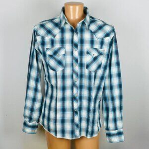 Vtg 90s Wrangler Yoke Pearl Snap Western Shirt Sz XL Blue Plaid Cowboy Ranch